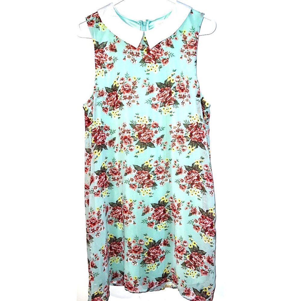 Vintage Lucid-Pink Mint Green Floral Womens Dress White Bib Collar Size LARGE